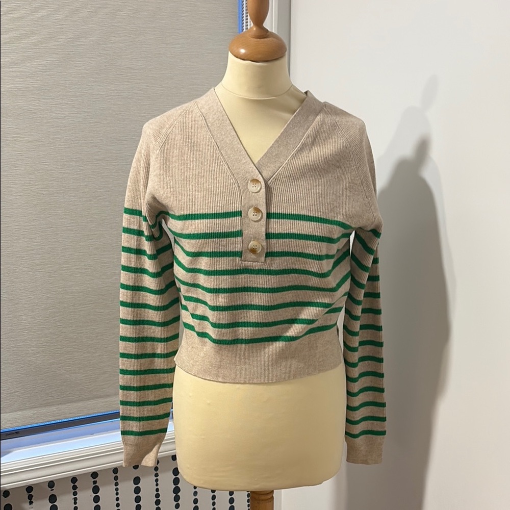 Striped V-Neck Sweater - Green and Tan